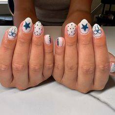 nails, nail design, nail idea, nail inspo 2024, summer nails, nail art, nail color, colourful, it girl, lifestyle, inspiration, motivation, girls White Nails With Blue Dots, Bow And Star Nails, Blue Star Nail Designs, Navy Blue Nails With Stars, Navy Christmas Nails, Navy Blue Christmas Nails, Blue Bow Nails, Navy And White Nails, Preppy Christmas Nails