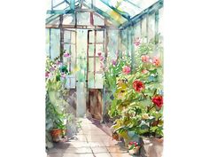 a watercolor painting of a greenhouse filled with flowers