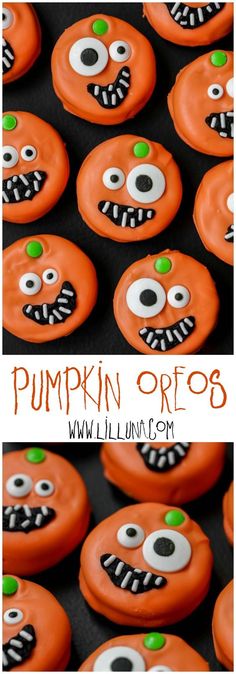 pumpkin oreo cookies with googly eyes and green candies on top, in the shape of jack - o - lantern faces