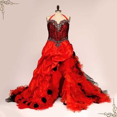 Gothic Fantasy Red High Low Wedding Dress | ADARA High Low Wedding Dress, Wedding Dresses High Low, Enchanted Forest Wedding, Satin Roses, Corset Lace, Rhinestone Embellishments, Chapel Train, Red High, Bride Look