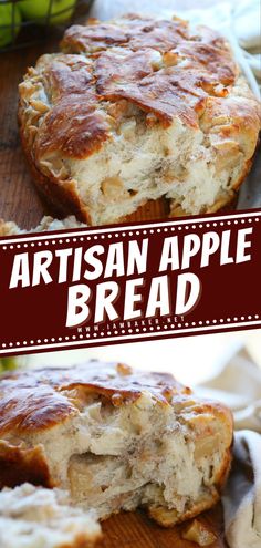 an artisan apple bread is cut in half on a cutting board with the words artisan apple bread above it