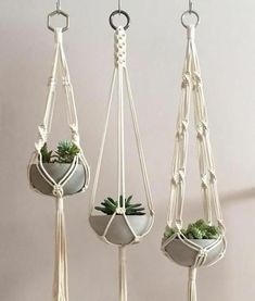 three hanging planters with succulent plants in them