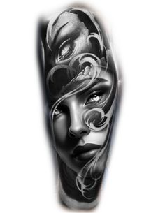 a woman's face with black and white tattoos on her leg, as if she is wearing a mask