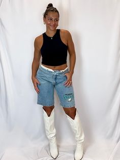 These Vintage Denim Shorts are a 1996 treasure. these long line shorts feature a front graphic, back and front pockets and a zipper fly. how to style: This is so cute paired with your favorite tank top or chunky sweater and boots! care: 100% cotton, hand wash cold, line dry size: Inseam approx 8” Rise approx 12” Waist approx 16” Trendy Mid-thigh Denim Shorts, Casual Upcycled Bottoms For Spring, Trendy Bermuda Jean Shorts With Built-in Shorts, 90s Style Cutoff Bottoms For Streetwear, Upcycled Bottoms For Summer, Vintage Denim Shorts, Custom Caps, Chunky Sweater, New Tops