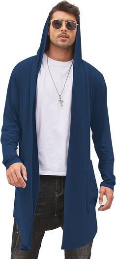 Lightweight Open Front Drape Cape Overcoat with Pockets Mens Long Cardigan Sweater, Mens Long Cardigan, Cardigan Shawl, Cardigan Design, Shawl Collar Cardigan, Men's Cardigan, Hoodie Cardigan, Shawl Cardigan, Modern Gentleman