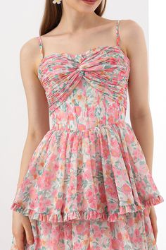 Indulge in pure luxury with our Strapless Corset Tiered Pink Floral Print Dress. This exquisite piece features a stunning floral print, elegantly tiered design, and a flattering strapless silhouette. Perfect for any occasion, it will make you feel like a work of art. Elevate your style game with this sophisticated dress. Bust and Skirt with full lining. 100% Polyester 100% Recycled polyester lining Concealed zip at center back Imported Pink Floral Print Dress, Floral Pattern Dress, Strapless Corset, Sophisticated Dress, Fabric Accessories, Green Floral Dress, Pink Floral Print, Tea Length, Guinea Bissau