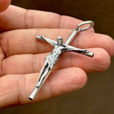 Every similar item seen in others adverts will be considered as an imitative / fake and not made by "Silverzone77"  NEW Sterling Silver Jesus Christ Crucifix Cross Pendant. HANDMADE of .925 SOLID STERLING SILVER *Unique design, made by hand. *Each of our items are hand crafted.  *Therefore may have fine speckles or scratches. *All elements of the Cross are made through a cold carving process. *As all this can be seen on the photos.  *The pictures are real and not processed with Photoshop! *The C Silver 925 Stamped Crucifix Jewelry, Silver Crucifix Necklace With Charms, Religious Cross, Jesus Christus, Hand Cast, Handmade Necklace, Schmuck Design, Chrome Plating, Necklace Pendant