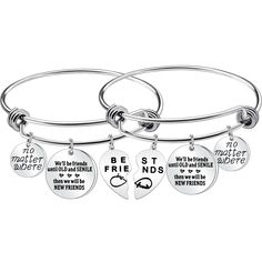 two bang bracelets with different sayings on them and one is for best friends