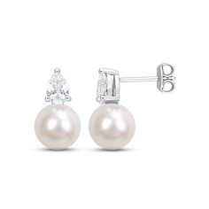 A delectable freshwater cultured pearl gleams on each of these gorgeous earrings, topped by a shimmering pear-shaped white lab-created sapphire. The earrings are styled in sterling silver and secure with friction backs. White Brilliant Cut Pear Shaped Diamond Earrings, White Pear-shaped Diamond Earrings With Brilliant Cut, White Pear-shaped Brilliant Cut Diamond Earrings, Fine Jewelry White Pear Diamond Earrings, Formal Teardrop Pearl Earrings Fine Jewelry, Classic Pear-shaped Diamond Earrings With Accents, White Pear-shaped Diamond Earrings Fine Jewelry, Classic Pear-shaped Sterling Silver Diamond Earrings, Classic Pear-shaped Diamond White Earrings