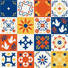 an assortment of colorful tile designs with birds and flowers on them, all in different colors