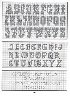 the cross stitch alphabet is shown in three different sizes and font, with numbers on each side