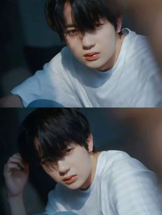 two pictures of a young man with dark hair and white shirt looking at the camera