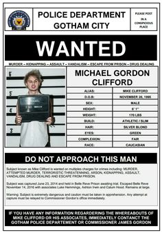 the wanted poster for michael gordon, who is being held by police officers in handcuffs