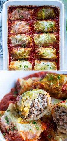 stuffed cabbage rolls in a white casserole dish with tomato sauce and parsley