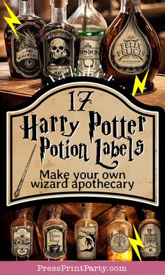 harry potter bottle labels are on display in front of bottles with the words, make your own wizard apothecary