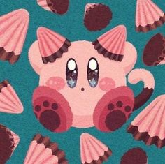 a pink pig surrounded by seashells on a blue background