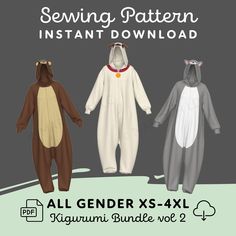 three children's animal onesuits are shown with the text sewing pattern instant