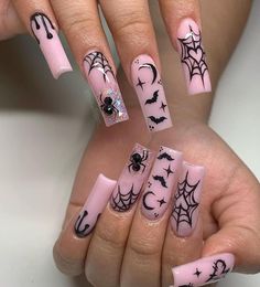 Spooky Season Nails Black, Holoween Idea Nails, Glitter Spooky Nails, Spiderweb Acrylic Nails, Glammed Nails, Voodoo Nails, Halloween Nail Inspiration, Pink Goth Nails, Pastel Halloween Nails