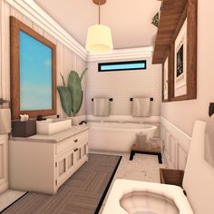 this is a bathroom with white fixtures and wood trimming on the walls, along with a large window