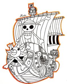 a drawing of a pirate ship with cartoon characters on it