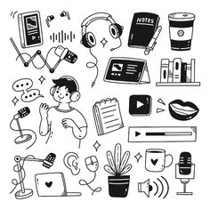 black and white drawing of various items that include headphones, books, microphones