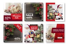 four christmas sale banners with santa claus and presents on them, all in red and white