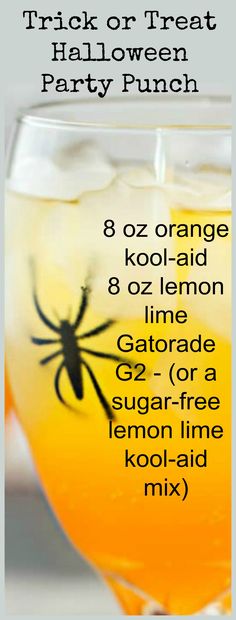 halloween party punch recipe in a glass with orange juice and spider on the side, text reads trick or treat halloween party punch