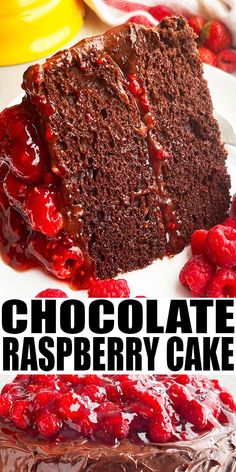 chocolate raspberry cake on a white plate with text overlay