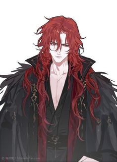 an anime character with red hair and black clothes