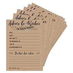 six brown wedding advice cards with black ink on the front and back of each card