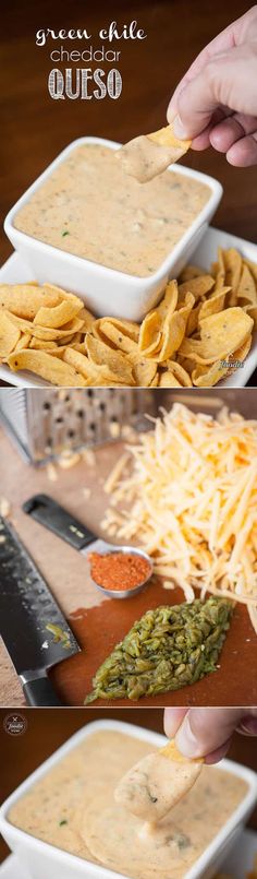 the process of making homemade quesadilla dip is shown in three different pictures