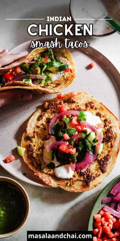 These Chicken Smash Tacos have an Indian twist on the viral smashed tacos! They're flavored with Indian spices and topped with chutney and raita for a burst of flavor in every bite. Indo Chinese Recipes, Vegetarian Enchiladas, Fusion Dishes, Indian Chicken