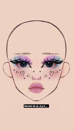 Makeup Look Drawing, Kawaii Makeup Aesthetic, Face Chart Makeup, Halloweenský Makeup