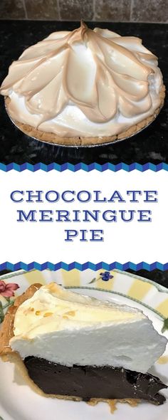 a piece of chocolate meringue pie on a plate