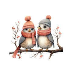 two birds sitting on top of a tree branch wearing winter hats and scarves,