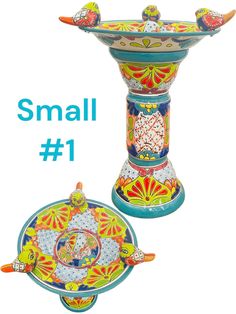 two colorful vases sitting next to each other on top of a white background with the words small 1