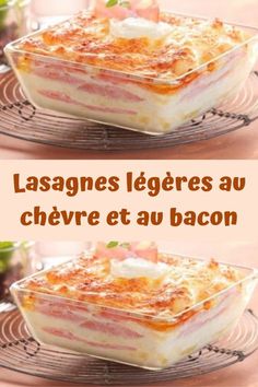 two pictures of lasagnes with cheese and bacon in them on a metal plate