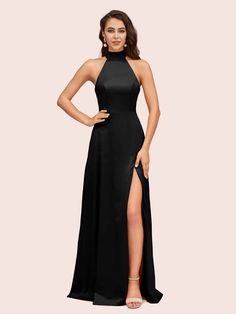 Details Material: soft satin, pongee.Silhouette: A-lineNeckline: High NeckLength: Floor-LengthEmbellishment: NoStraps: StraplessSleeve: SleevelessBack Style: Lace Up BackFully Lined: YesBuilt-In Bra: NoBoning: NoSize: General, Plus size, JuniorModel's Size: US2 Which Bust 33'', Waist 26.5'', Hip 36.5'', Height 69'' with shoesSize:Different brands have different size chart, please only error is less than 1'' between your real measurements (bust, waist, hip: biggest part of hip, hollow to floor wi Black High Neck Bridesmaid Dress, All Black Bridesmaid Dresses, High Neck Bridesmaid Dresses, Ivory Bridesmaid Dresses, Party Inspo, Black Bridesmaid Dresses, Satin Bridesmaid Dresses, Black Prom Dresses, Formal Dresses Prom