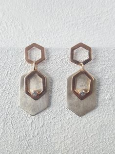 Statement hexagonal dangle earrings/ Geometric drop earrings/ Rose gold and Sterling silver drop ear Elegant Hexagon Earrings For Gift, Elegant Silver Geometric Earrings, Elegant Geometric Sterling Silver Jewelry, Elegant Sterling Silver Geometric Jewelry, Sterling Silver Geometric Jewelry For Formal Occasions, Silver Minimalist Dangle Diamond Earrings, Modern Rose Gold Drop Earrings, Formal Sterling Silver Geometric Jewelry, Formal Geometric Sterling Silver Jewelry