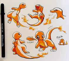 an orange and white drawing of different types of pokemon