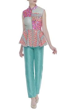 Shop for Avnni Kapur Blue Embroidered Peplum Top With Pants for Women Online at Aza Fashions Peplum Top With Pants, Peplum Pants, Pant Suit Set, Top With Pants, Embroidery Mirror, Silk Anarkali, Indian Wedding Wear, Backless Top, Pant Suit