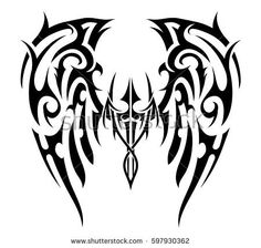 an abstract black and white tattoo design with wings on a white background, suitable to be used