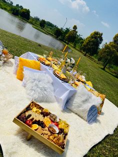 a table set up for a party with food and drinks on the grass near water