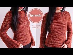 a woman wearing an orange crochet sweater