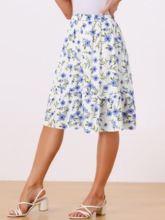 Shop Allegra K for ruffle hem elastic waist flowy a-line swing floral midi skirt you are looking for, get more women's skirts for yourelf. Order now! Free Returns! Casual Summer Skirt, Vintage High Heels, Flowy Midi Skirt, Midi Skirt With Pockets, Ruffle Fabric, Midi Flare Skirt, Floral Midi Skirt, Floral Ruffle, Women's Skirts