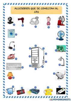 a poster with different types of objects and words on it, including an image of a computer