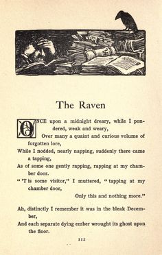 an old book with black and white illustrations on the page, which reads the raven