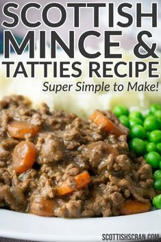 scottish mince and tater tot recipe on a white plate with green peas