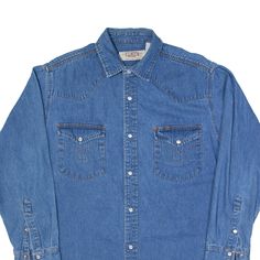 Item is in good used condition. Item has poppers. >Size: M >Armpit To Armpit: 23" >Armpit To Cuff: 20" >Collar To Hem: 31" Medium Wash Cotton Western Shirt, Western Style Medium Wash Shirt With Pockets, Medium Wash Denim Shirt For Rodeo, Blue Shirt With Pockets For Rodeo, Denim Blue Long Sleeve Shirt For Rodeo, Long Sleeve Denim Blue Shirt For Rodeo, Long Sleeve Denim Shirt For Rodeo, Medium Wash Shirt With Button Closure For Rodeo, Western Dark Wash Denim Shirt