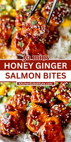 honey ginger salmon bites on rice with chopsticks